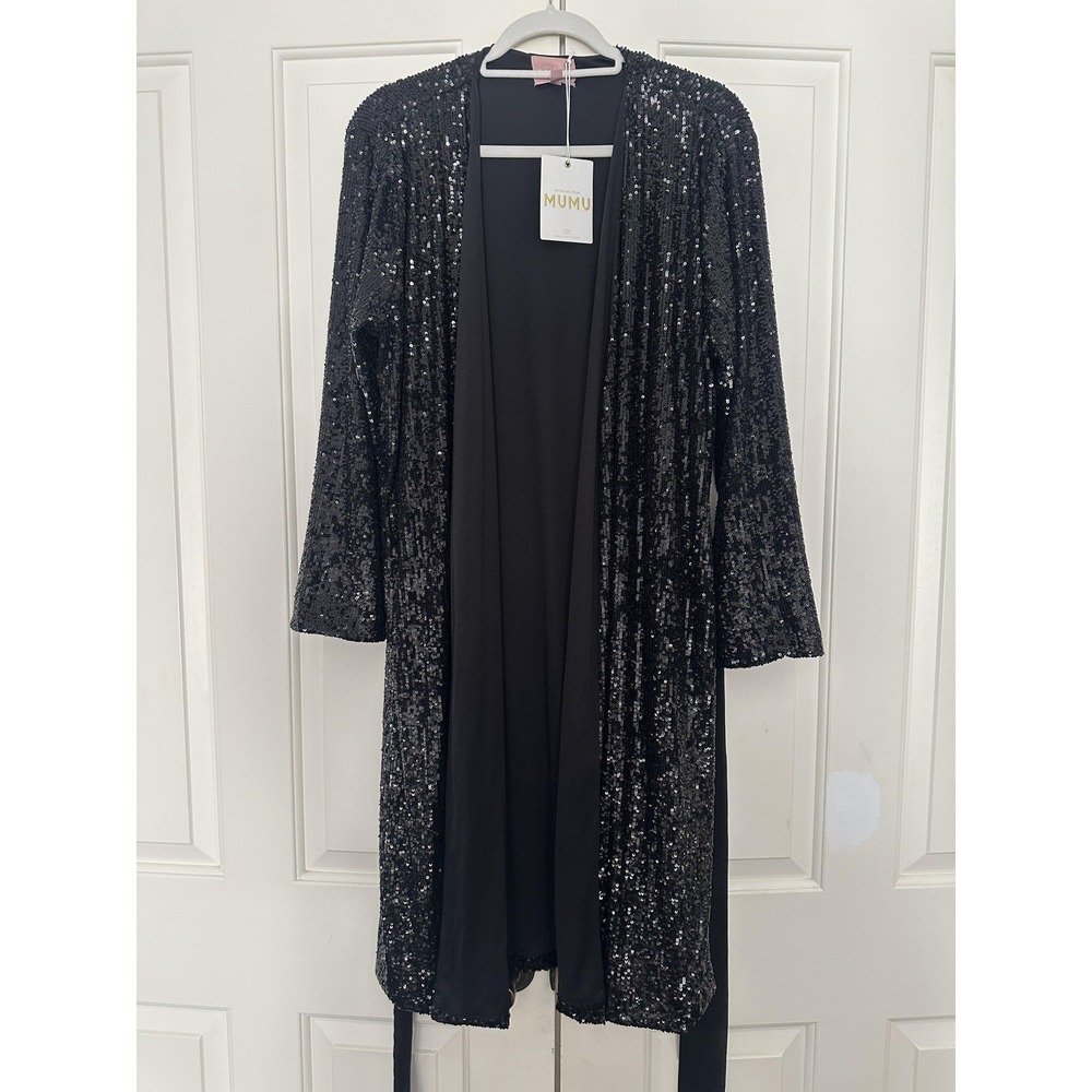 Show Me Your Mumu Encore‎ Kimono Jacket Womens XXL Black Sequin Belted Duster